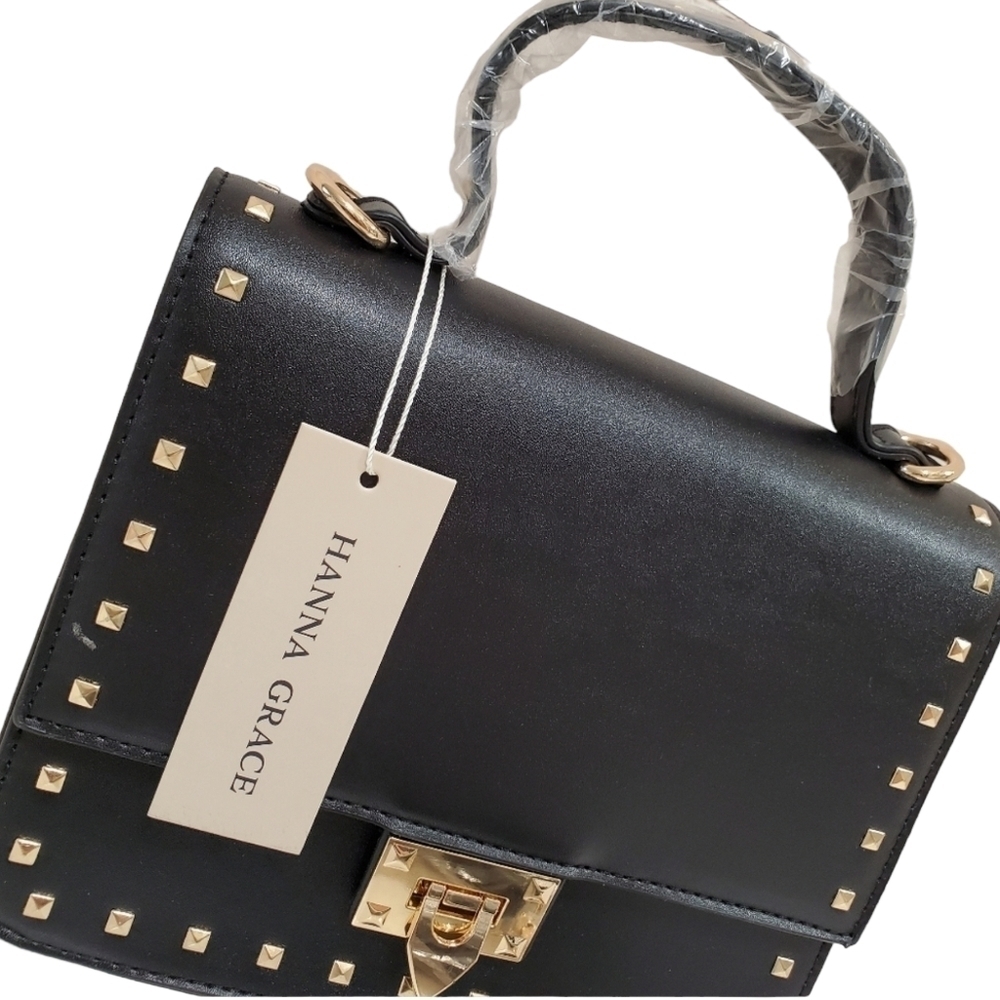 HANNA Grace Black With Gold Stud Trim Shoulder Purse Handbag - Picture 3 of 9